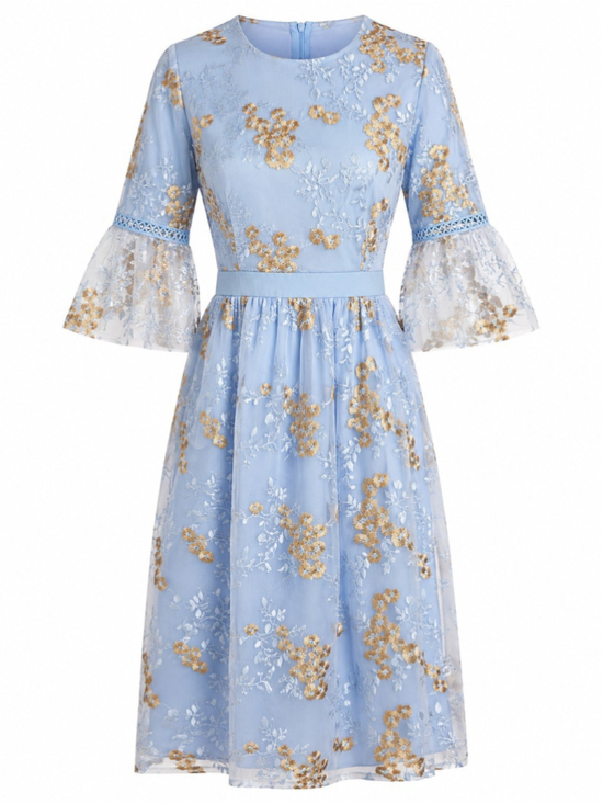 Polagram Dresses & Skirts - Polagram Blue Floral Embroidered Mesh Tulle Midi Dress NWT Sz S Short Bell Sleev